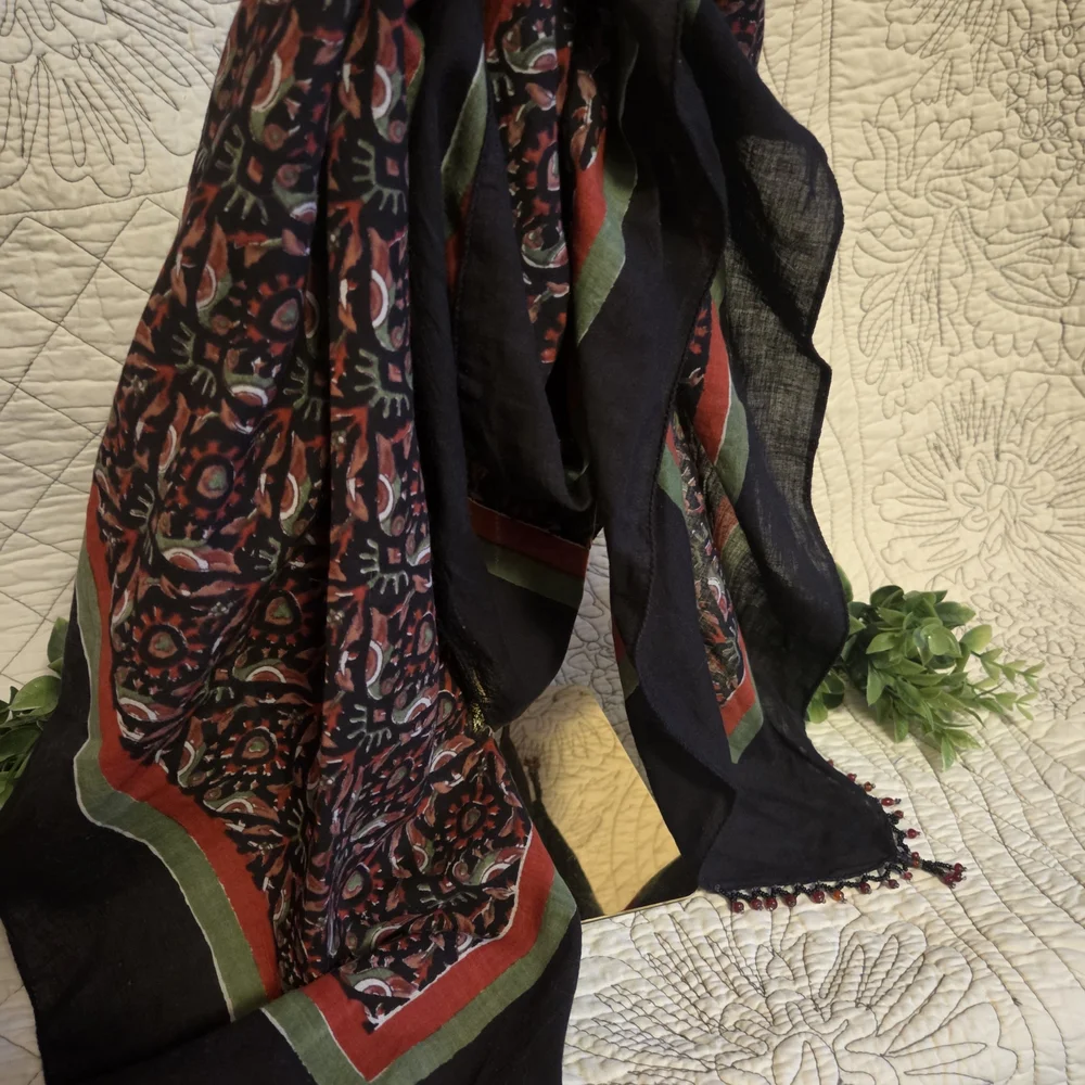 Boho Beaded Fringe Shawl Wrap Scarf Tribal Print Lightweight Large Scarf
